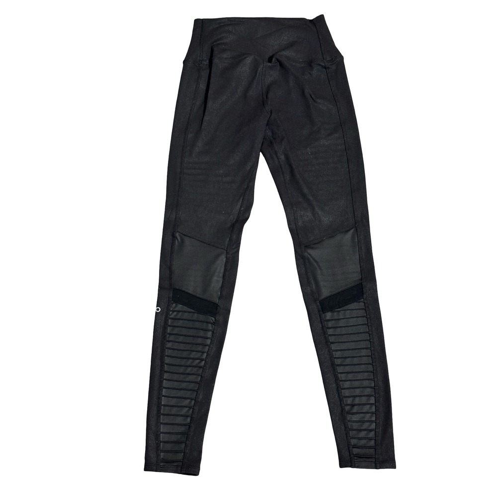 Alo Yoga High-Waist Moto Leggings S Black Glossy Quilted Mesh Activewear - Picture 7 of 8
